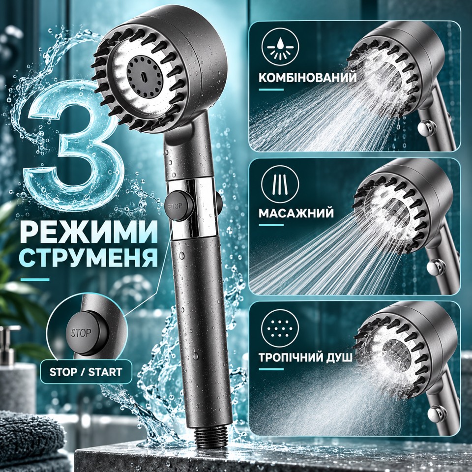 3 режими струменя лійки: комбінований, масажний, тропічний душ, кнопка STOP/START