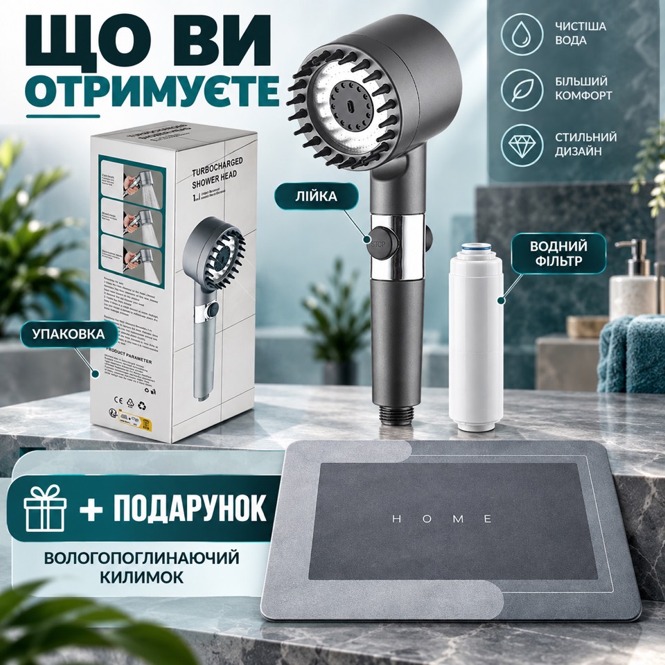 Комплектація: масажна лійка для душу, водний фільтр, упаковка та подарунок — вологопоглинаючий килимок